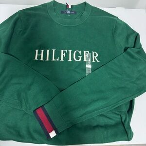 Tommy Hilfiger Forest Green Crewneck Sweater with Striped Cuffs